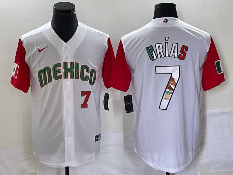 Men%27s Mexico Baseball #7 Julio Urias Number 2023 White Red World Classic Stitched Jersey10